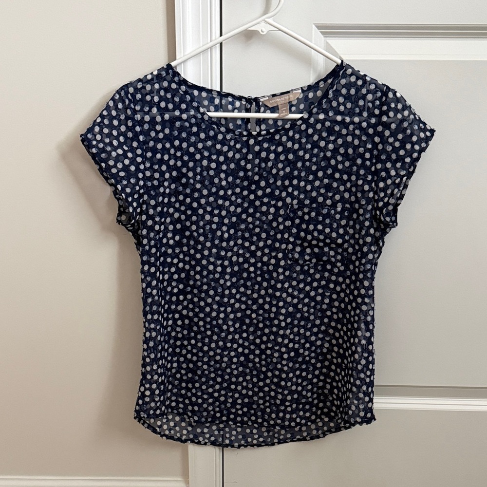 Banana Republic Navy and White Polka Dot Short Sleeve Blouse